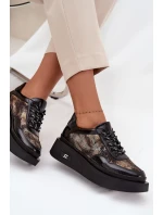 Skórzane Sznurowane Półbuty Damskie Na Platformie Artiker 57C2042 Czarno-Złote