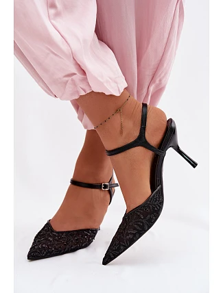Dámské síťované sandály na podpatku s lesklým zdobením Černé Laria