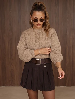 Dámsky voľný sveter s okrúhlym výstrihom, béžový, FashionStreet MY2585
