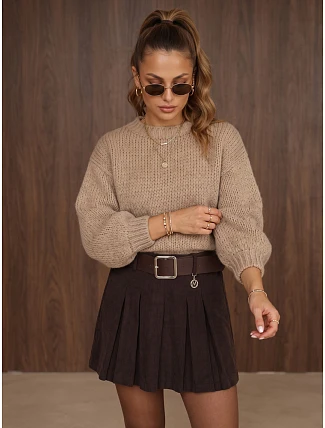 Dámsky voľný sveter s okrúhlym výstrihom, béžový, FashionStreet MY2585 Dámsky voľný sveter s okrúhlym výstrihom, béžový, FashionStreet MY2585