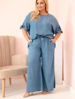 Plus size set z materiálu tencel, blúzka s viazankou a široké džínsové nohavice