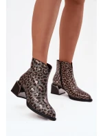 Skórzane Botki Damskie Na Klocku Ocieplane Panterka D&A CR52-622 Czarno-Złote