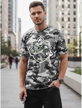 Klasické pánske tričko s kamuflážovým vzorom a potlačou, sivé, FashionStreet NX2003R Klasické pánske tričko s kamuflážovým vzorom a potlačou, sivé, FashionStreet NX2003R