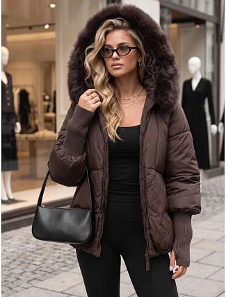 Dámska zimná prešívaná bunda s kožušinou, čokoládová, FashionStreet TY5993 Dámska zimná prešívaná bunda s kožušinou, čokoládová, FashionStreet TY5993