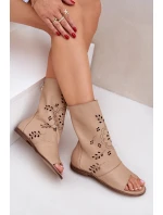 Zazoo 3437 Damskie Skórzane Sandały Z Cholewką Na Zamek Beżowe