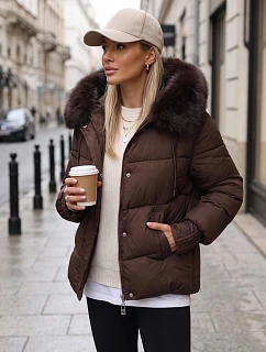 Dámska prešívaná bunda s kožušinovou kapucňou, hnedá, FashionStreet TY5894