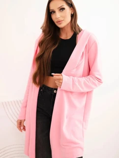 Dámska bavlnená bunda s kapucňou a predĺženou prednou časťou svetlo ružová