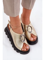 Skórzane Sandały Damskie Na Koturnie Z Ozdobą Artiker 56C0109 Złote