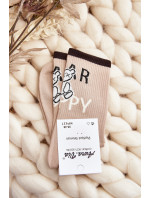 Dámske béžové bavlnené ponožky s nápisom a medvedíkom
