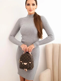 Dámske viskózové pruhované šaty s dlhými rukávmi a stojacím golierom sivé