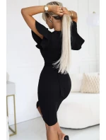 479-9 NINA elegantné šaty s obálkovým výstrihom, rukávmi a opaskom - ČIERNE