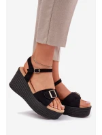 Sandały Damskie Na Koturnie Z Klamrą Czarne Liniella