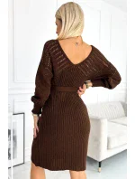 507-3 Azura svetrové šaty s výstrihom a viazaním - CHOCOLATE 507-3 Azura svetrové šaty s výstrihom a viazaním - CHOCOLATE