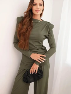 Dámsky bavlnený set s blúzkou a širokými nohavicami Khaki