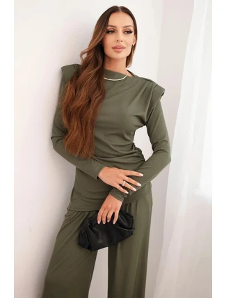 Dámsky bavlnený set s blúzkou a širokými nohavicami Khaki