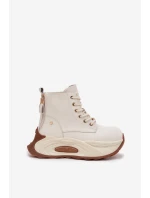 Skórzane Ocieplane Botki Damskie Na Platformie GOE SS2N4300 Jasnobeżowe