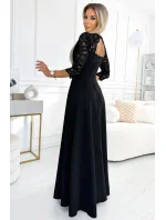 309-11 AMBER čipkované elegantné dlhé šaty s výstrihom a rozparkom na nohách - BLACK 309-11 AMBER čipkované elegantné dlhé šaty s výstrihom a rozparkom na nohách - BLACK