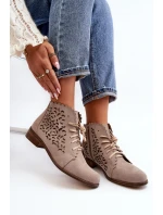 Zazoo 2871 Ażurowe Botki Damskie Sznurowane Beżowe
