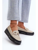 Skórzane Błyszczące Mokasyny Damskie Na Platformie Z Ozdobą S.Barski LR750 Złote