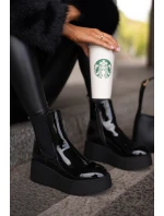 Lakierowane Botki Damskie Na Platformie I Koturnie Ocieplane Czarne Wloedia