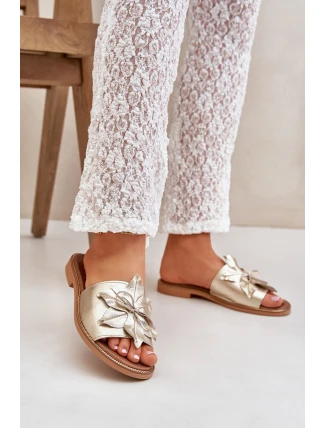 Klapki Z Ozdobą Skóra Naturalna Zazoo 3667 Złote