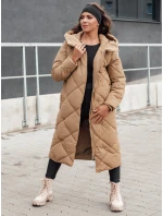 Dámsky dlhý prešívaný kabát FEMACOAT s kapucňou, béžový, FashionStreet TY4592 Dámsky dlhý prešívaný kabát FEMACOAT s kapucňou, béžový, FashionStreet TY4592