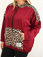 Dámska mikina Plus Size z viskózy s kapucňou a vložkami s leopardím vzorom, bordó-červená Dámska mikina Plus Size z viskózy s kapucňou a vložkami s leopardím vzorom, bordó-červená