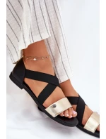 Sandały Damskie Płaskie Z Elastycznymi Paskami Czarno-Złote Marinea
