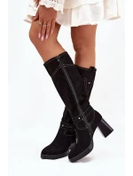 Ocieplane Kozaki Damskie Na Słupku Z Przeszyciami Czarne Alessara