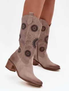 Zamszowe Skórzane Kozaki Damskie Z Ażurowym Wzorem Zazoo 3852 Cappuccino