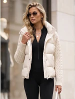 Dámska prešívaná péřová bunda s pletenými rukávmi, krémová, FashionStreet TY5929 Dámska prešívaná péřová bunda s pletenými rukávmi, krémová, FashionStreet TY5929