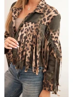 Dámska semišová bunda s leopardím vzorom a khaki strapcami