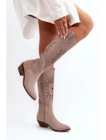 Zazoo 2909 Zamszowe Kozaki Ażurowe Na Niskim Obcasie Beżowe