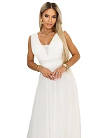 637-8 Dlhé maxi šaty s brokátovým akcentom a hlbokým výstrihom - ecru