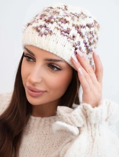 Dámska zimná čiapka s farebnými vzormi a hrubým úpletom K353 ecru+purple