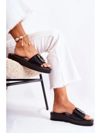 Damskie Modne Skórzane Klapki Czarne Adaline