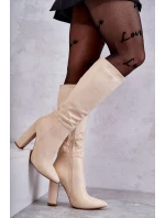 Klasyczne Zamszowe Kozaki Na Obcasie Beżowe Tressa