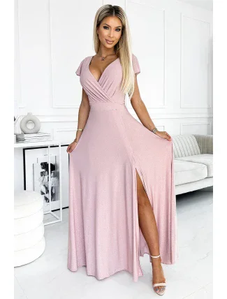 411-6 CRYSTAL trblietavé dlhé šaty s výstrihom - BRUCE PINK