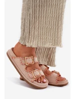 Klapki Damskie Z Klamrami I Ozdobnym Obszyciem Beżowe Visley