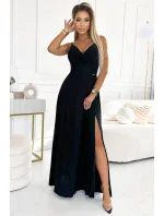 299-18 CHIARA elegantné maxi dlhé šaty bez ramienok - ČIERNE S BROKEROM