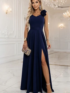 643-4 Elegantné večerné maxi šaty s rozparkom a ružami - tmavomodré