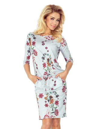 Dámske šaty netopierie strih s vreckami a zaväzovacie šnúrkou kvetinové sivé - Sivá / S - Numoco Dámske šaty netopierie strih s vreckami a zaväzovacie šnúrkou kvetinové sivé - Sivá / S - Numoco