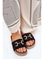 Klapki Damskie Na Platformie Ze Złotą Ozdobą I Brokatem Czarne Morisela