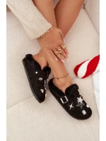 Dámské pantofle s ozdobami a sponou vyhřívané kožešinou černé Thalora