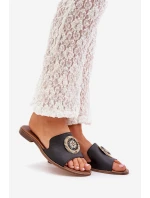 Skórzane Klapki Z Ozdobą Na Płaskim Obcasie Zazoo 3047/O Czarne