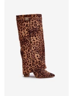 Damskie Kozaki Na Słupku Przed Kolano Panterka Brązowe Portora