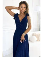 405-5 ELENA Dlhé šaty s výstrihom a viazaním na ramenách - GRANITE WITH BROKER