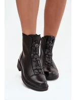 Skórzane Botki Damskie Z Ozdobnymi Kwiatkami Ocieplane Czarne Belverine