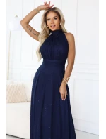 636-2 VERONICA luxusné dlhé šaty s brokátovým akcentom a elegantným strihom - tmavomodré