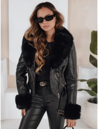 Dámska kožená bunda s kožušinou čierna FashionStreet TY5212 Dámska kožená bunda s kožušinou čierna FashionStreet TY5212
